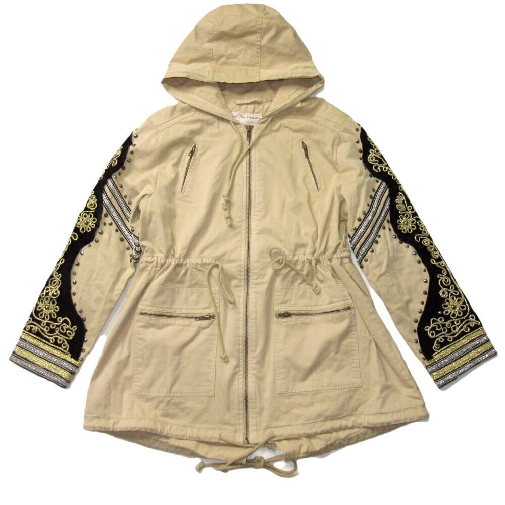 NWT We The Free People Embellished Military Jacket in Neutral Beige Hooded XS